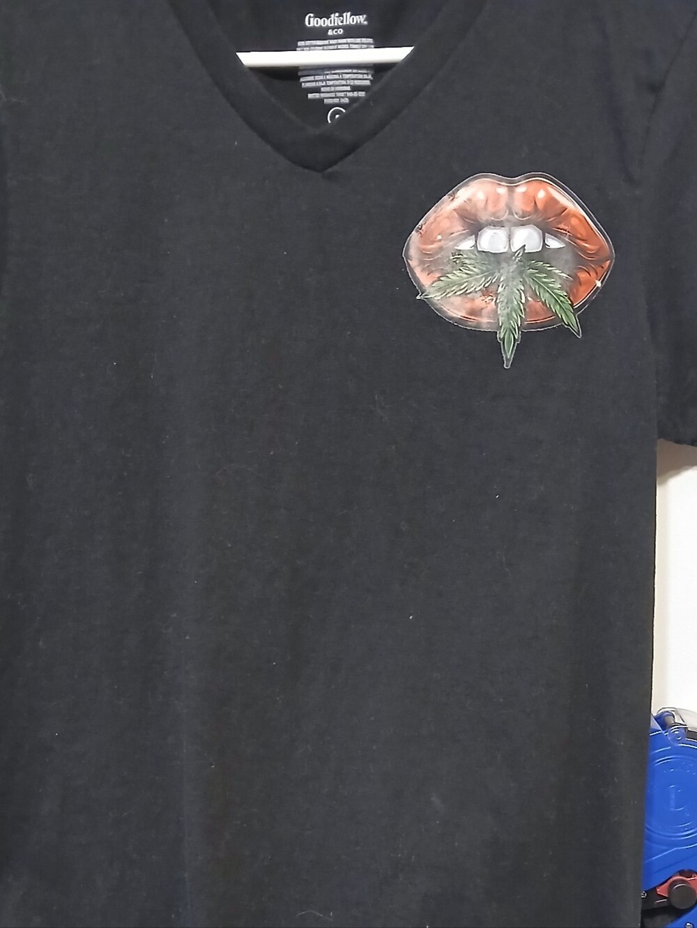 Goodfellow & Co Black V‑Neck Tee with Lip and Leaf Graphic